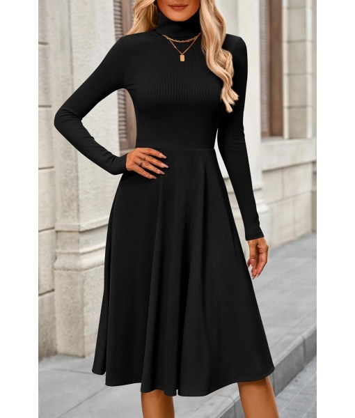 CFLONGE Women's Casual Ribbed Knit High Neck Dress Long Sleeve Fall Dress for Women 2025 Lightweight A Line Flare Dresses