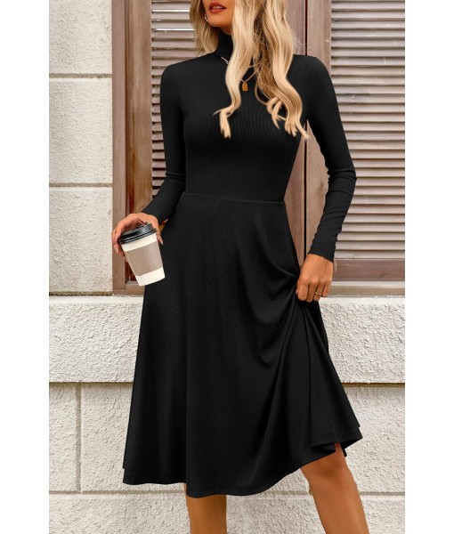 CFLONGE Women's Casual Ribbed Knit High Neck Dress Long Sleeve Fall Dress for Women 2025 Lightweight A Line Flare Dresses