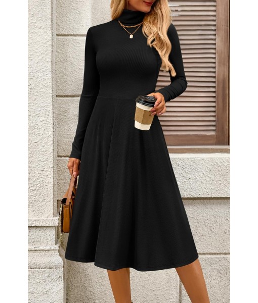 CFLONGE Women's Casual Ribbed Knit High Neck Dress Long Sleeve Fall Dress for Women 2025 Lightweight A Line Flare Dresses