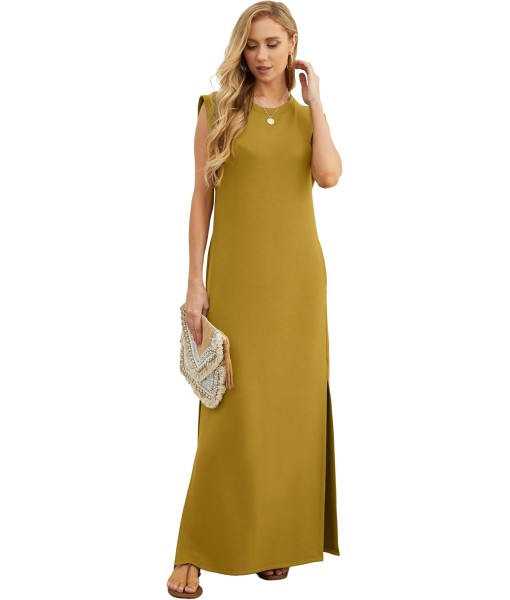 GRECERELLE 2025 Women Year-Round Casual Round Neck Loose Split Wrinkle-Free Long Maxi Vacation Dress with Pockets (XS-3XL)