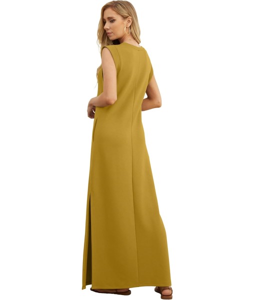 GRECERELLE 2025 Women Year-Round Casual Round Neck Loose Split Wrinkle-Free Long Maxi Vacation Dress with Pockets (XS-3XL)
