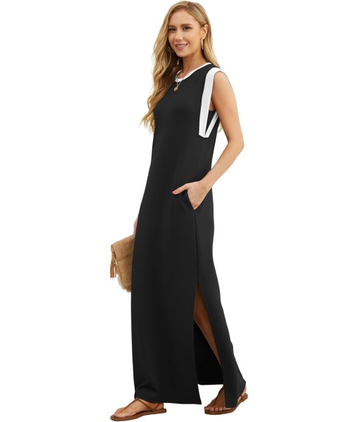 GRECERELLE 2025 Women Year-Round Casual Round Neck Loose Split Wrinkle-Free Long Maxi Vacation Dress with Pockets (XS-3XL)