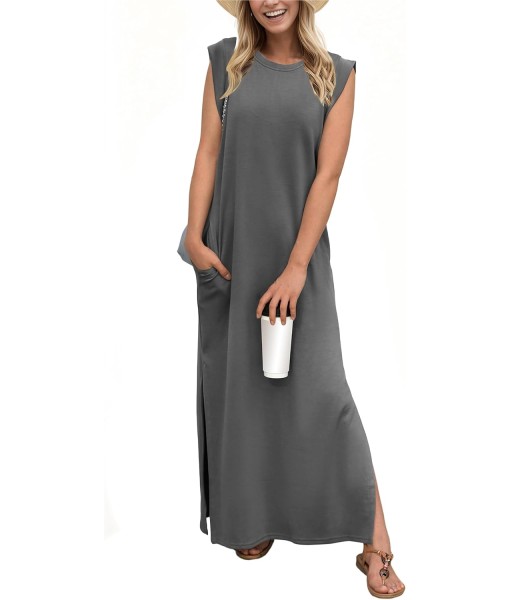 GRECERELLE 2025 Women Year-Round Casual Round Neck Loose Split Wrinkle-Free Long Maxi Vacation Dress with Pockets (XS-3XL)