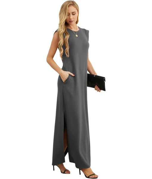 GRECERELLE 2025 Women Year-Round Casual Round Neck Loose Split Wrinkle-Free Long Maxi Vacation Dress with Pockets (XS-3XL)