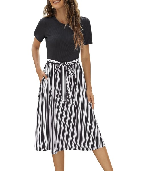 Zattcas Women 2025 Summer Dress Short Sleeve Ribbed Teacher Church Modest Business Casual Work Outfits Midi Dress