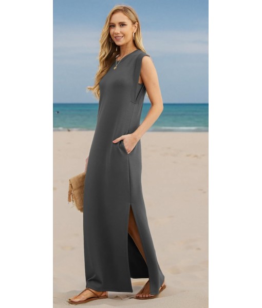 GRECERELLE 2025 Women Year-Round Casual Round Neck Loose Split Wrinkle-Free Long Maxi Vacation Dress with Pockets (XS-3XL)