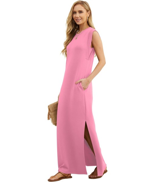 GRECERELLE 2025 Women Year-Round Casual Round Neck Loose Split Wrinkle-Free Long Maxi Vacation Dress with Pockets (XS-3XL)