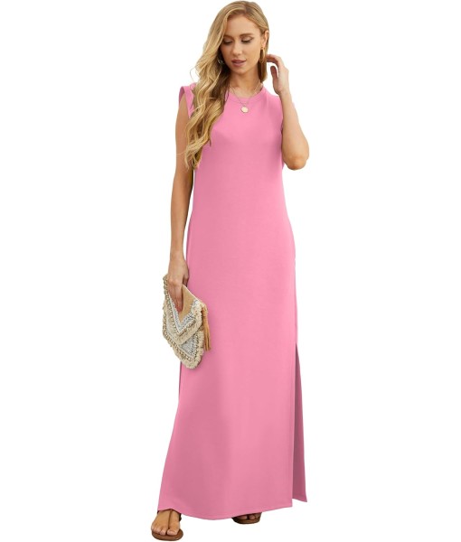 GRECERELLE 2025 Women Year-Round Casual Round Neck Loose Split Wrinkle-Free Long Maxi Vacation Dress with Pockets (XS-3XL)