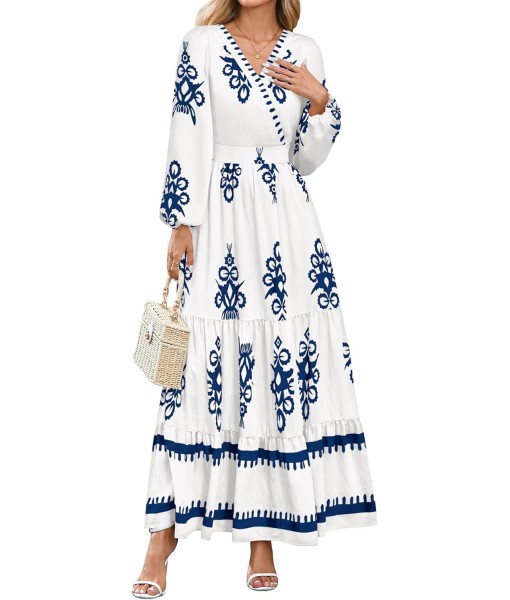 PRETTYGARDEN Women's 2025 Fall Wedding Guest Dresses Boho Floral Long Sleeve V Neck Flowy Elegant Maxi Dress Beach Clothes
