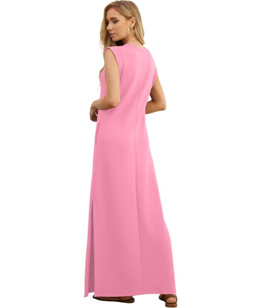 GRECERELLE 2025 Women Year-Round Casual Round Neck Loose Split Wrinkle-Free Long Maxi Vacation Dress with Pockets (XS-3XL)