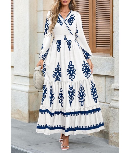 PRETTYGARDEN Women's 2025 Fall Wedding Guest Dresses Boho Floral Long Sleeve V Neck Flowy Elegant Maxi Dress Beach Clothes