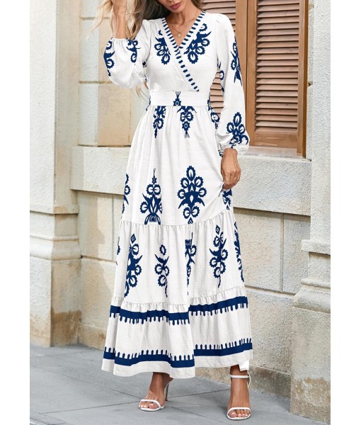 PRETTYGARDEN Women's 2025 Fall Wedding Guest Dresses Boho Floral Long Sleeve V Neck Flowy Elegant Maxi Dress Beach Clothes