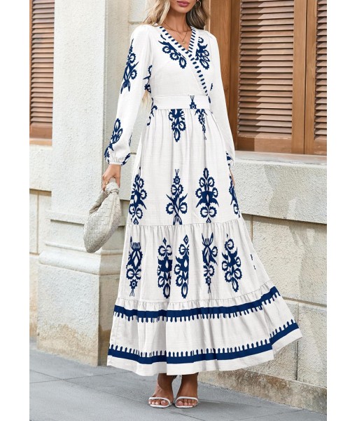 PRETTYGARDEN Women's 2025 Fall Wedding Guest Dresses Boho Floral Long Sleeve V Neck Flowy Elegant Maxi Dress Beach Clothes