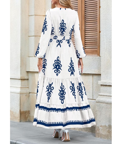 PRETTYGARDEN Women's 2025 Fall Wedding Guest Dresses Boho Floral Long Sleeve V Neck Flowy Elegant Maxi Dress Beach Clothes