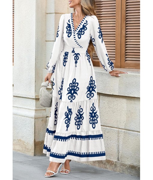 PRETTYGARDEN Women's 2025 Fall Wedding Guest Dresses Boho Floral Long Sleeve V Neck Flowy Elegant Maxi Dress Beach Clothes
