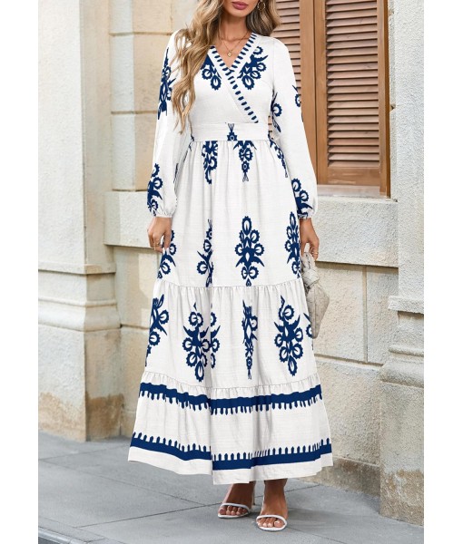PRETTYGARDEN Women's 2025 Fall Wedding Guest Dresses Boho Floral Long Sleeve V Neck Flowy Elegant Maxi Dress Beach Clothes
