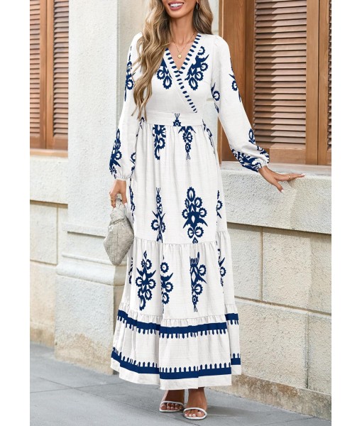 PRETTYGARDEN Women's 2025 Fall Wedding Guest Dresses Boho Floral Long Sleeve V Neck Flowy Elegant Maxi Dress Beach Clothes