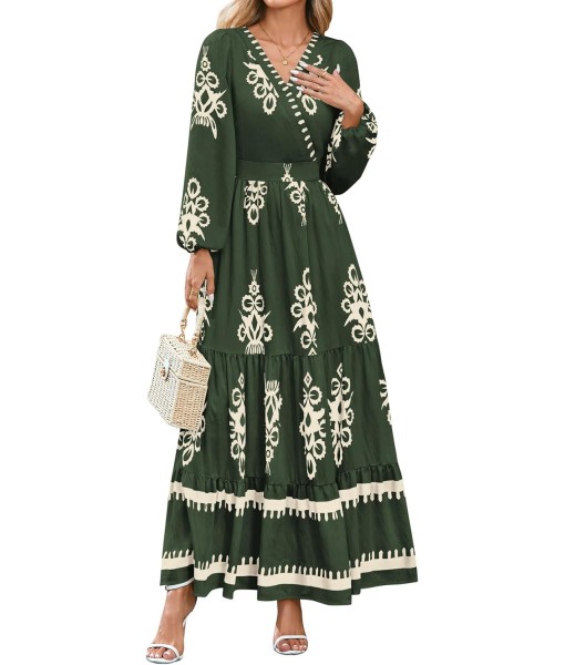 PRETTYGARDEN Women's 2025 Fall Wedding Guest Dresses Boho Floral Long Sleeve V Neck Flowy Elegant Maxi Dress Beach Clothes