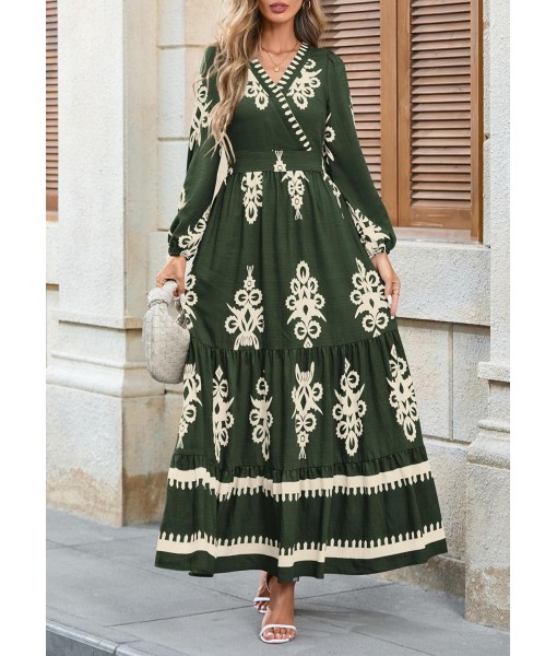 PRETTYGARDEN Women's 2025 Fall Wedding Guest Dresses Boho Floral Long Sleeve V Neck Flowy Elegant Maxi Dress Beach Clothes
