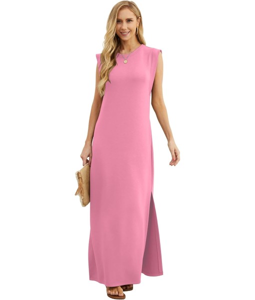 GRECERELLE 2025 Women Year-Round Casual Round Neck Loose Split Wrinkle-Free Long Maxi Vacation Dress with Pockets (XS-3XL)