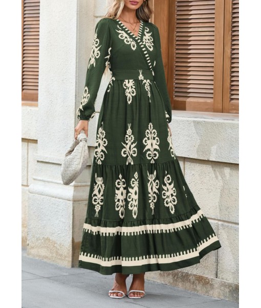 PRETTYGARDEN Women's 2025 Fall Wedding Guest Dresses Boho Floral Long Sleeve V Neck Flowy Elegant Maxi Dress Beach Clothes