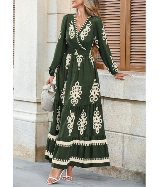 PRETTYGARDEN Women's 2025 Fall Wedding Guest Dresses Boho Floral Long Sleeve V Neck Flowy Elegant Maxi Dress Beach Clothes