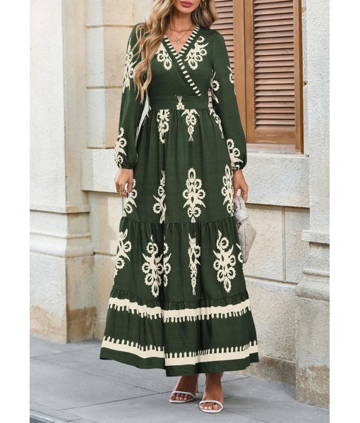 PRETTYGARDEN Women's 2025 Fall Wedding Guest Dresses Boho Floral Long Sleeve V Neck Flowy Elegant Maxi Dress Beach Clothes