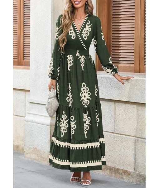 PRETTYGARDEN Women's 2025 Fall Wedding Guest Dresses Boho Floral Long Sleeve V Neck Flowy Elegant Maxi Dress Beach Clothes