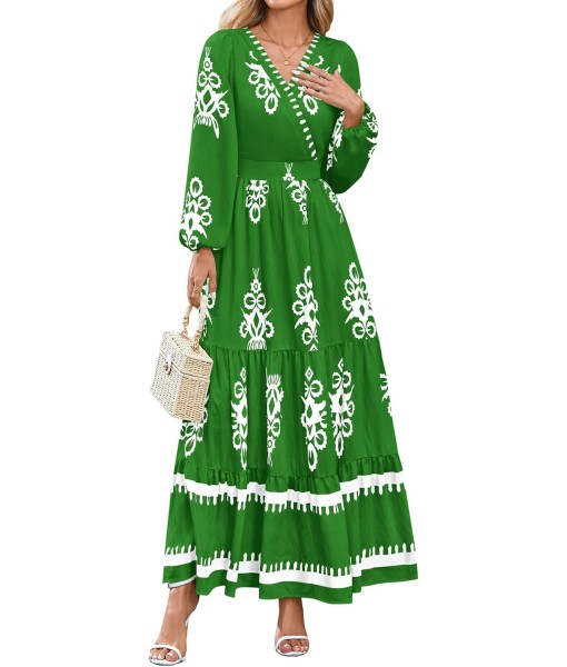 PRETTYGARDEN Women's 2025 Fall Wedding Guest Dresses Boho Floral Long Sleeve V Neck Flowy Elegant Maxi Dress Beach Clothes