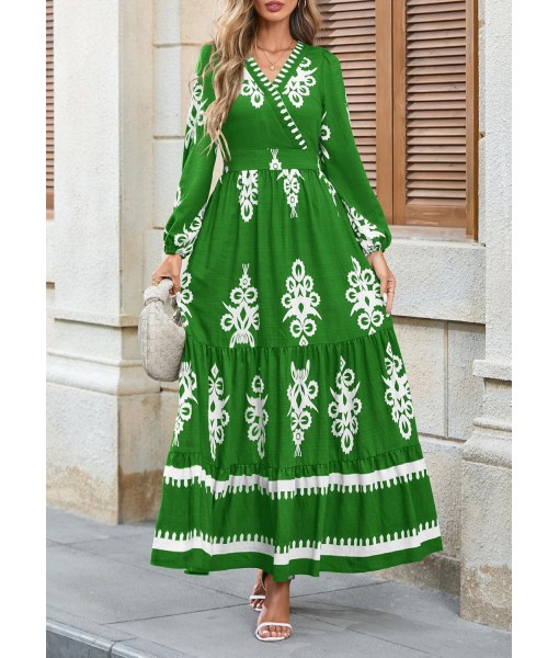 PRETTYGARDEN Women's 2025 Fall Wedding Guest Dresses Boho Floral Long Sleeve V Neck Flowy Elegant Maxi Dress Beach Clothes