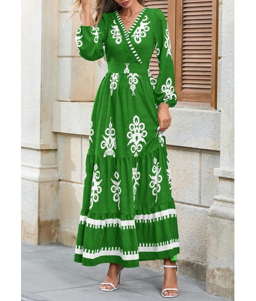 PRETTYGARDEN Women's 2025 Fall Wedding Guest Dresses Boho Floral Long Sleeve V Neck Flowy Elegant Maxi Dress Beach Clothes