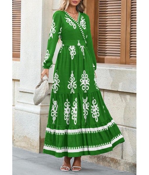 PRETTYGARDEN Women's 2025 Fall Wedding Guest Dresses Boho Floral Long Sleeve V Neck Flowy Elegant Maxi Dress Beach Clothes