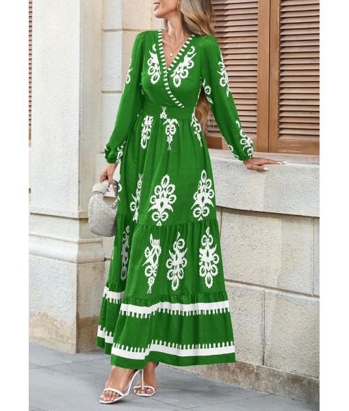 PRETTYGARDEN Women's 2025 Fall Wedding Guest Dresses Boho Floral Long Sleeve V Neck Flowy Elegant Maxi Dress Beach Clothes