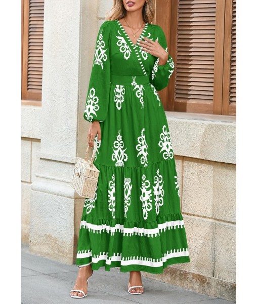 PRETTYGARDEN Women's 2025 Fall Wedding Guest Dresses Boho Floral Long Sleeve V Neck Flowy Elegant Maxi Dress Beach Clothes