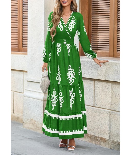 PRETTYGARDEN Women's 2025 Fall Wedding Guest Dresses Boho Floral Long Sleeve V Neck Flowy Elegant Maxi Dress Beach Clothes