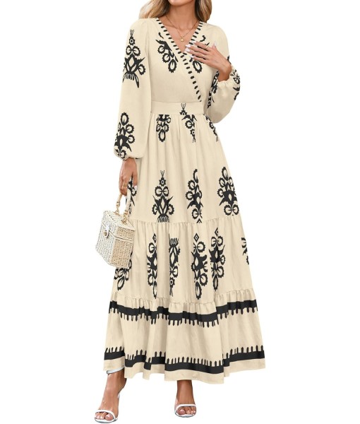 PRETTYGARDEN Women's 2025 Fall Wedding Guest Dresses Boho Floral Long Sleeve V Neck Flowy Elegant Maxi Dress Beach Clothes