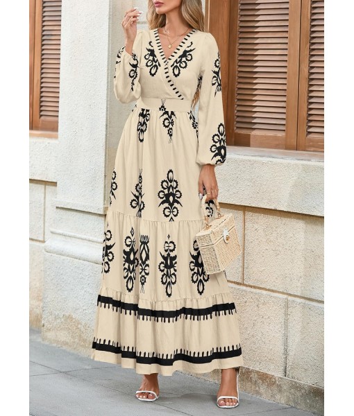 PRETTYGARDEN Women's 2025 Fall Wedding Guest Dresses Boho Floral Long Sleeve V Neck Flowy Elegant Maxi Dress Beach Clothes