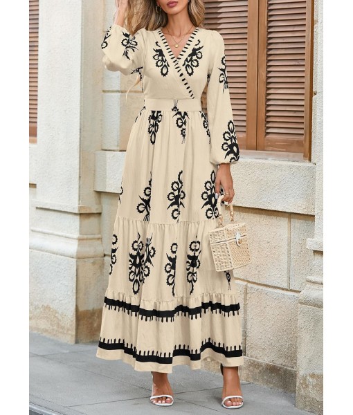 PRETTYGARDEN Women's 2025 Fall Wedding Guest Dresses Boho Floral Long Sleeve V Neck Flowy Elegant Maxi Dress Beach Clothes