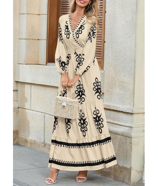 PRETTYGARDEN Women's 2025 Fall Wedding Guest Dresses Boho Floral Long Sleeve V Neck Flowy Elegant Maxi Dress Beach Clothes