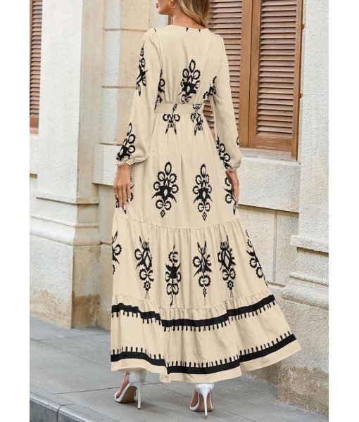 PRETTYGARDEN Women's 2025 Fall Wedding Guest Dresses Boho Floral Long Sleeve V Neck Flowy Elegant Maxi Dress Beach Clothes