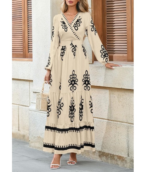 PRETTYGARDEN Women's 2025 Fall Wedding Guest Dresses Boho Floral Long Sleeve V Neck Flowy Elegant Maxi Dress Beach Clothes