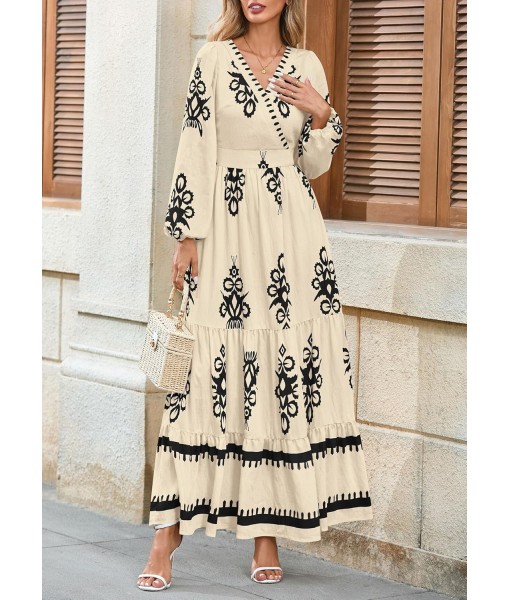 PRETTYGARDEN Women's 2025 Fall Wedding Guest Dresses Boho Floral Long Sleeve V Neck Flowy Elegant Maxi Dress Beach Clothes