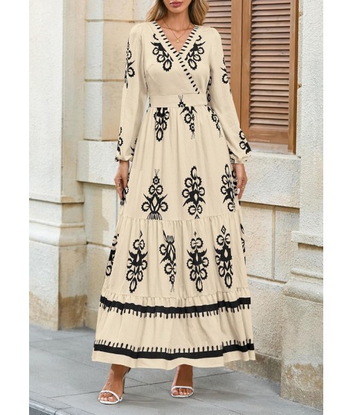 PRETTYGARDEN Women's 2025 Fall Wedding Guest Dresses Boho Floral Long Sleeve V Neck Flowy Elegant Maxi Dress Beach Clothes