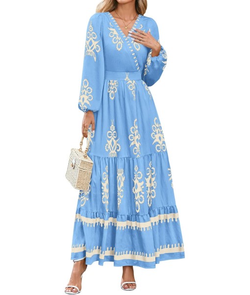 PRETTYGARDEN Women's 2025 Fall Wedding Guest Dresses Boho Floral Long Sleeve V Neck Flowy Elegant Maxi Dress Beach Clothes