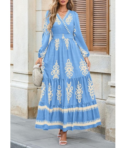 PRETTYGARDEN Women's 2025 Fall Wedding Guest Dresses Boho Floral Long Sleeve V Neck Flowy Elegant Maxi Dress Beach Clothes