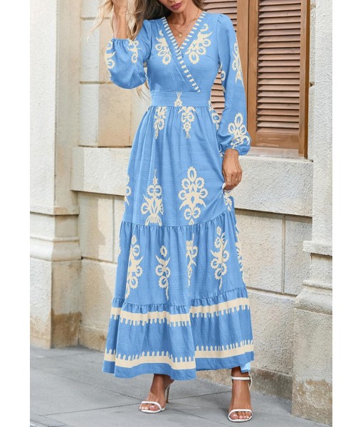 PRETTYGARDEN Women's 2025 Fall Wedding Guest Dresses Boho Floral Long Sleeve V Neck Flowy Elegant Maxi Dress Beach Clothes