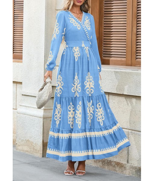 PRETTYGARDEN Women's 2025 Fall Wedding Guest Dresses Boho Floral Long Sleeve V Neck Flowy Elegant Maxi Dress Beach Clothes