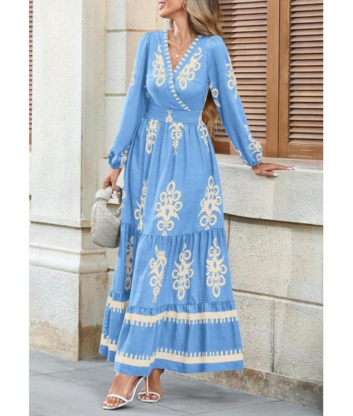 PRETTYGARDEN Women's 2025 Fall Wedding Guest Dresses Boho Floral Long Sleeve V Neck Flowy Elegant Maxi Dress Beach Clothes
