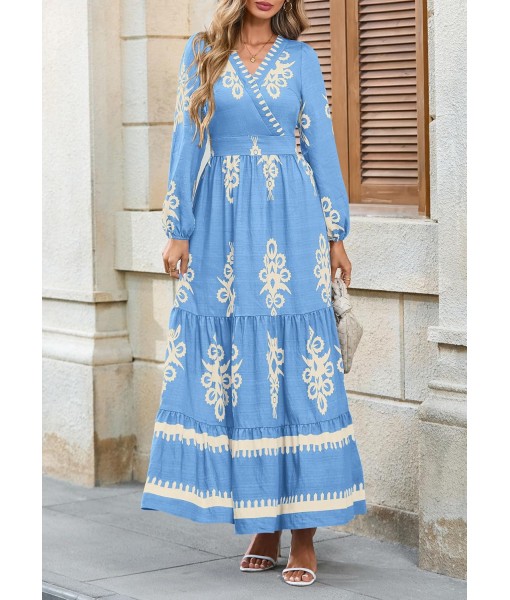 PRETTYGARDEN Women's 2025 Fall Wedding Guest Dresses Boho Floral Long Sleeve V Neck Flowy Elegant Maxi Dress Beach Clothes