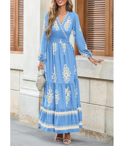PRETTYGARDEN Women's 2025 Fall Wedding Guest Dresses Boho Floral Long Sleeve V Neck Flowy Elegant Maxi Dress Beach Clothes